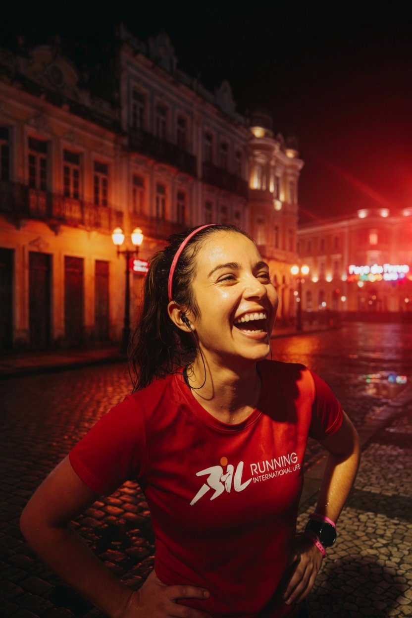 Atleta sorrindo em corrida noturna Thumbnail